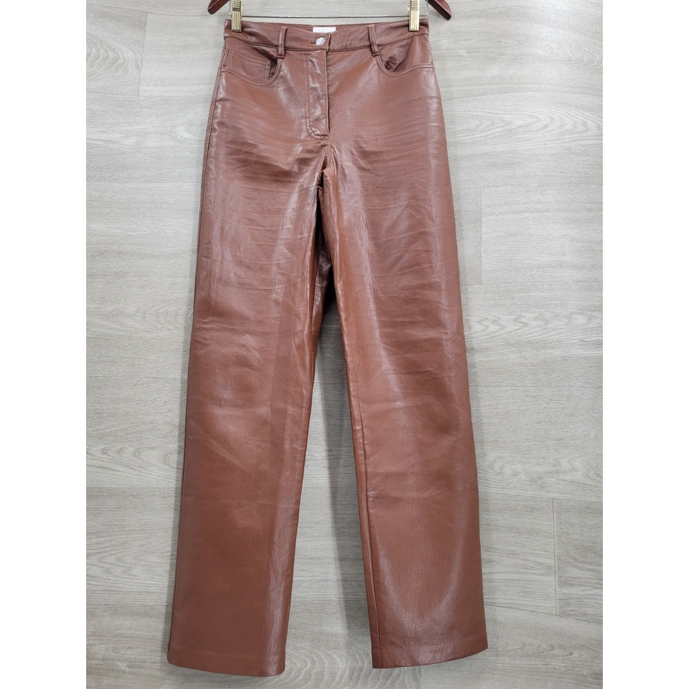 Wilfred Aritzia Faux Leather Pants Women's 4 Brown High Rise Straight Crop Ankle